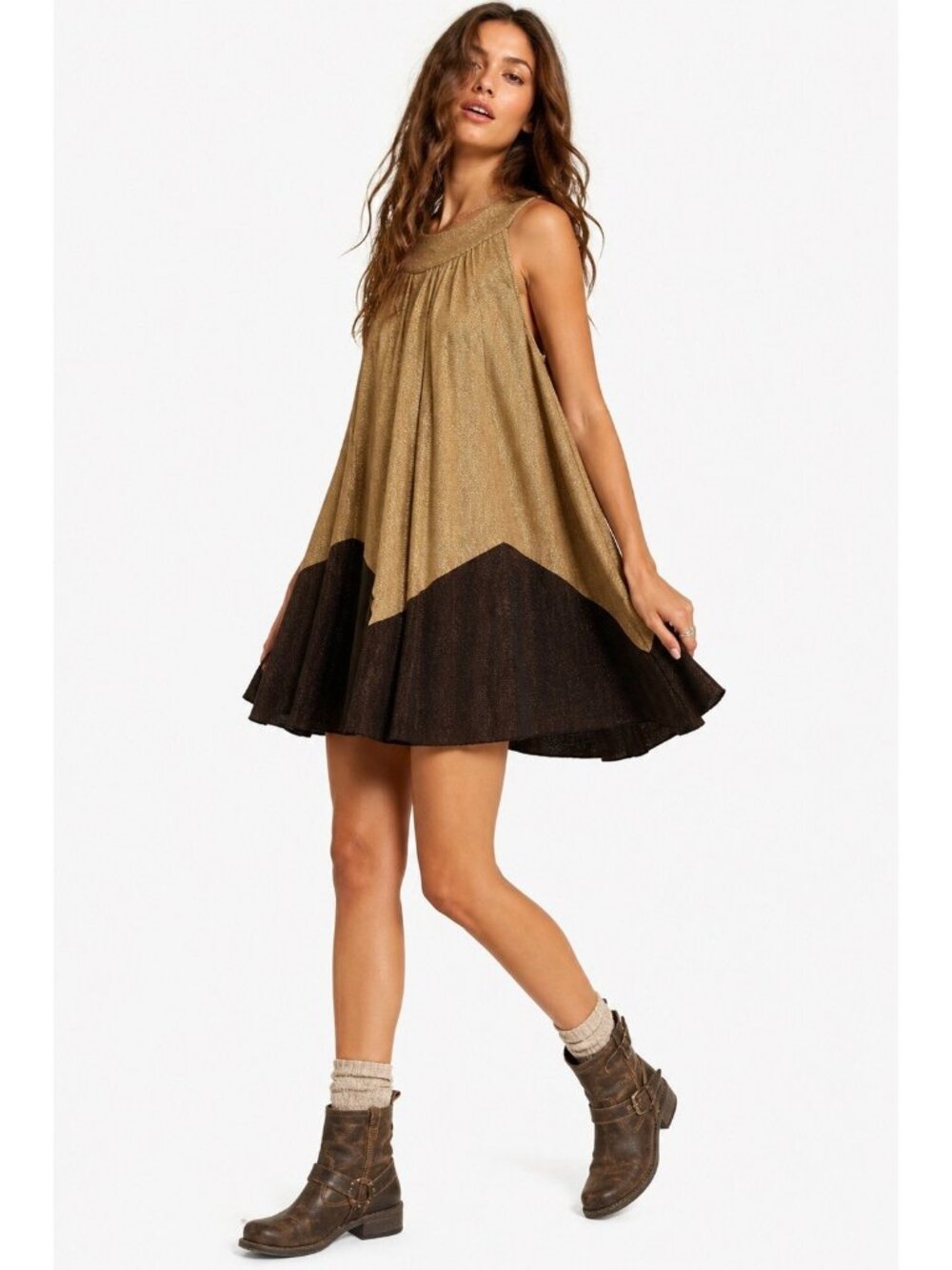 FREE PEOPLE pleated love mini swing dress SMALL earthy goddess metallic boho